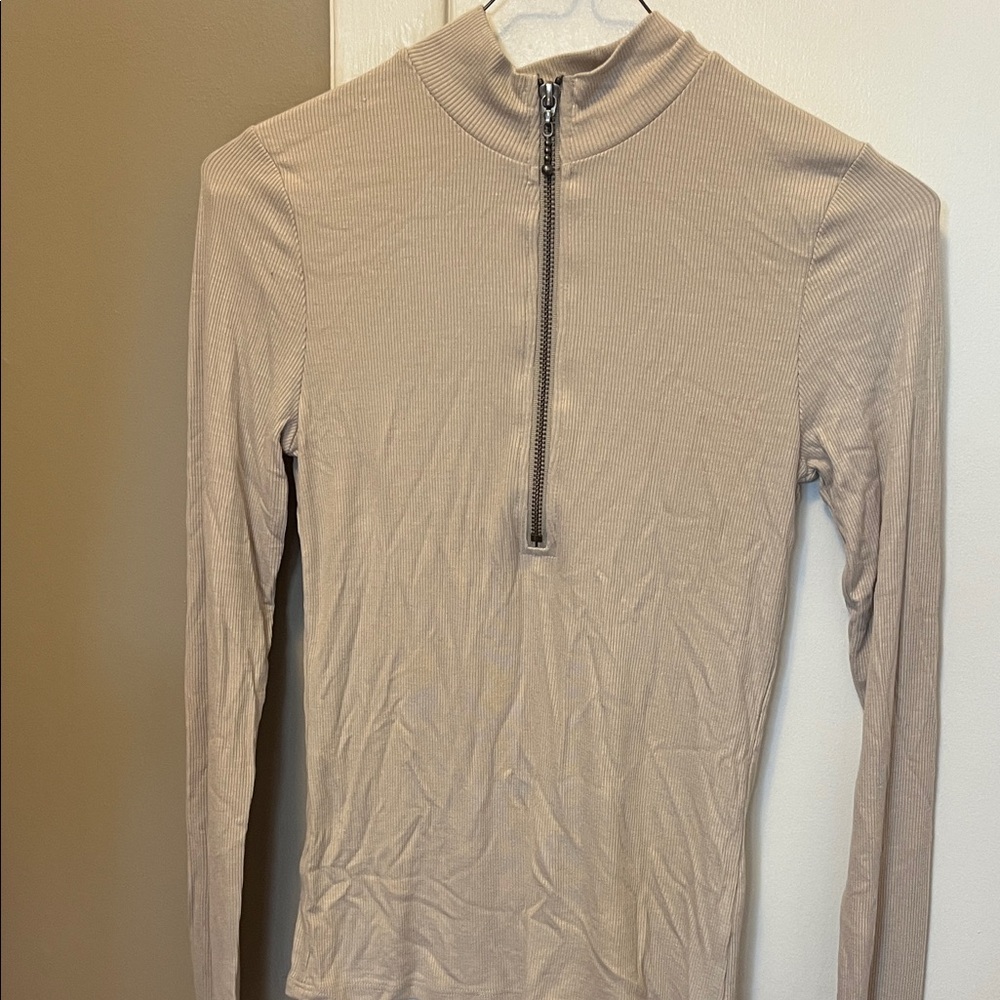 Joah Brown Tan Long Sleeve Half-Zip ribbed Top